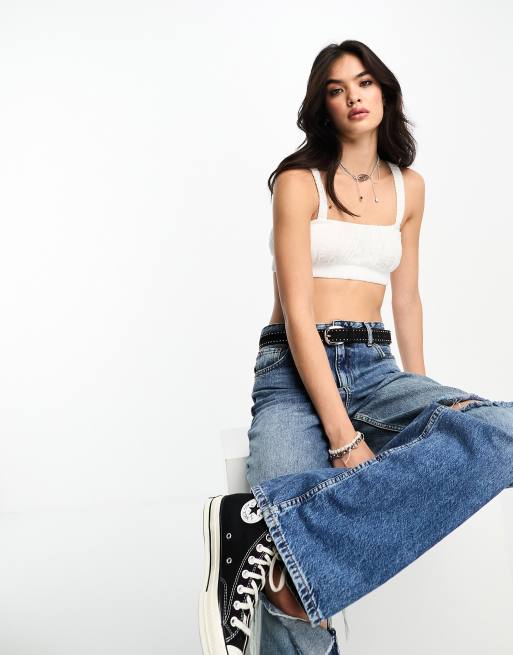 Bershka ruched cotton bralette co-ord in white, 2 of 4