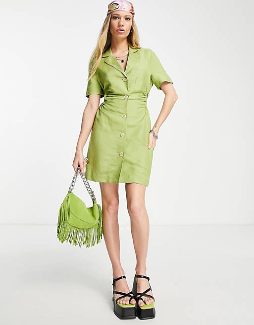Bershka ruched cut out detail tailored dress in lime