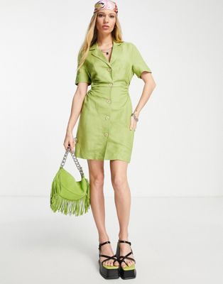 Bershka Ruched Cut Out Detail Tailored Dress In Lime-green