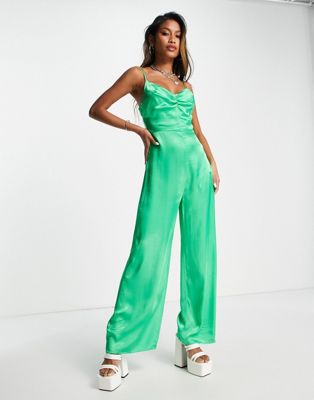 Bershka ruched detail satin jumpsuit in bright green - ASOS Price Checker