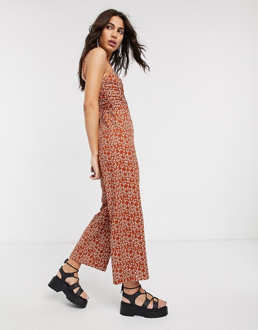 Bershka ruched front animal print jumpsuit in rust