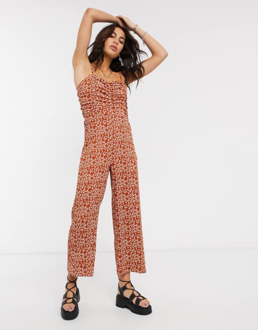 Bershka ruched front animal print jumpsuit in rust, 4 of 4