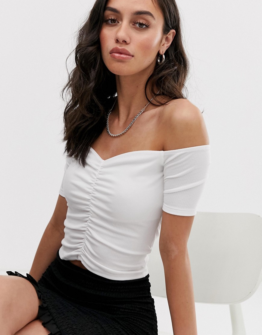 Bershka ruched front bardot top in white