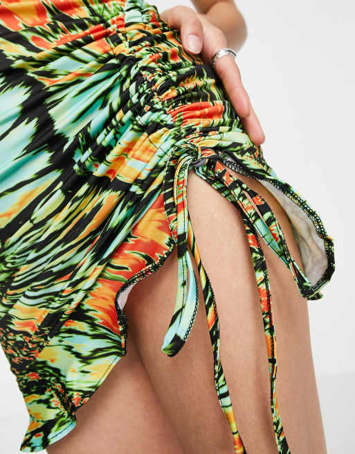 Bershka ruched front butterfly print mini dress in multi | ASOS