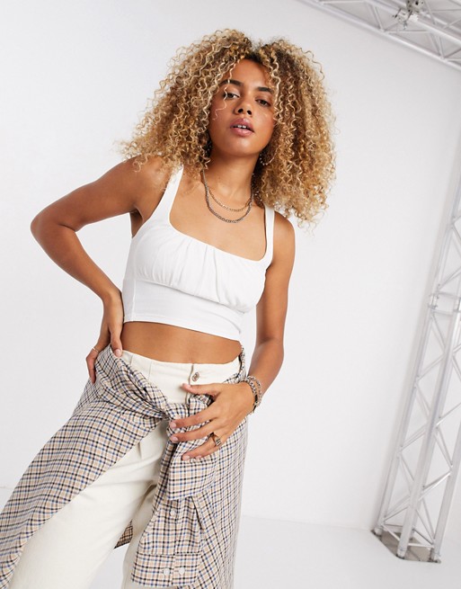 Bershka ruched front crop top in white