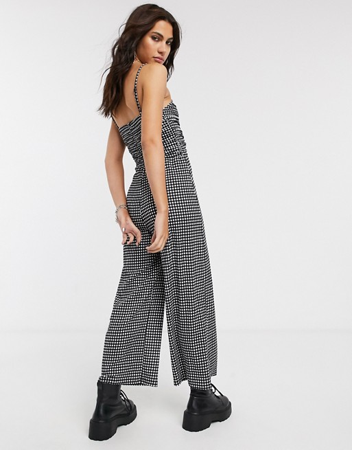 Bershka ruched front gingham jumpsuit in monochrome