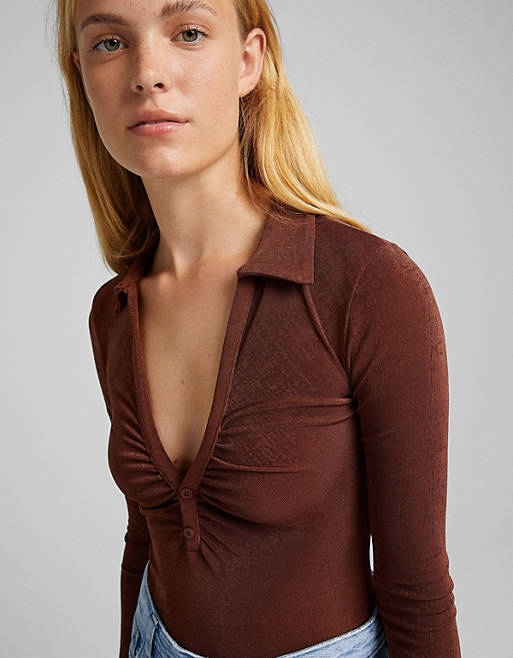 Tops Bershka ruched front polo body in chocolate brown 