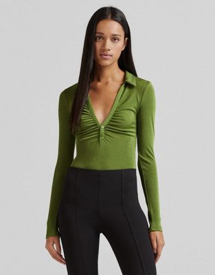 Bershka ruched front polo body in olive green