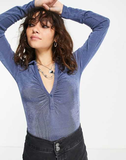 Bershka ruched front polo body in slate blue