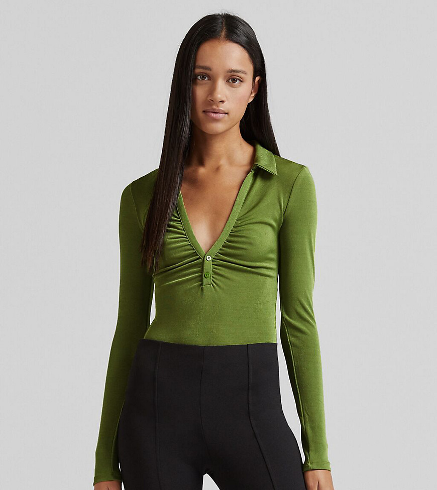 Bershka ruched front polo bodysuit in olive green