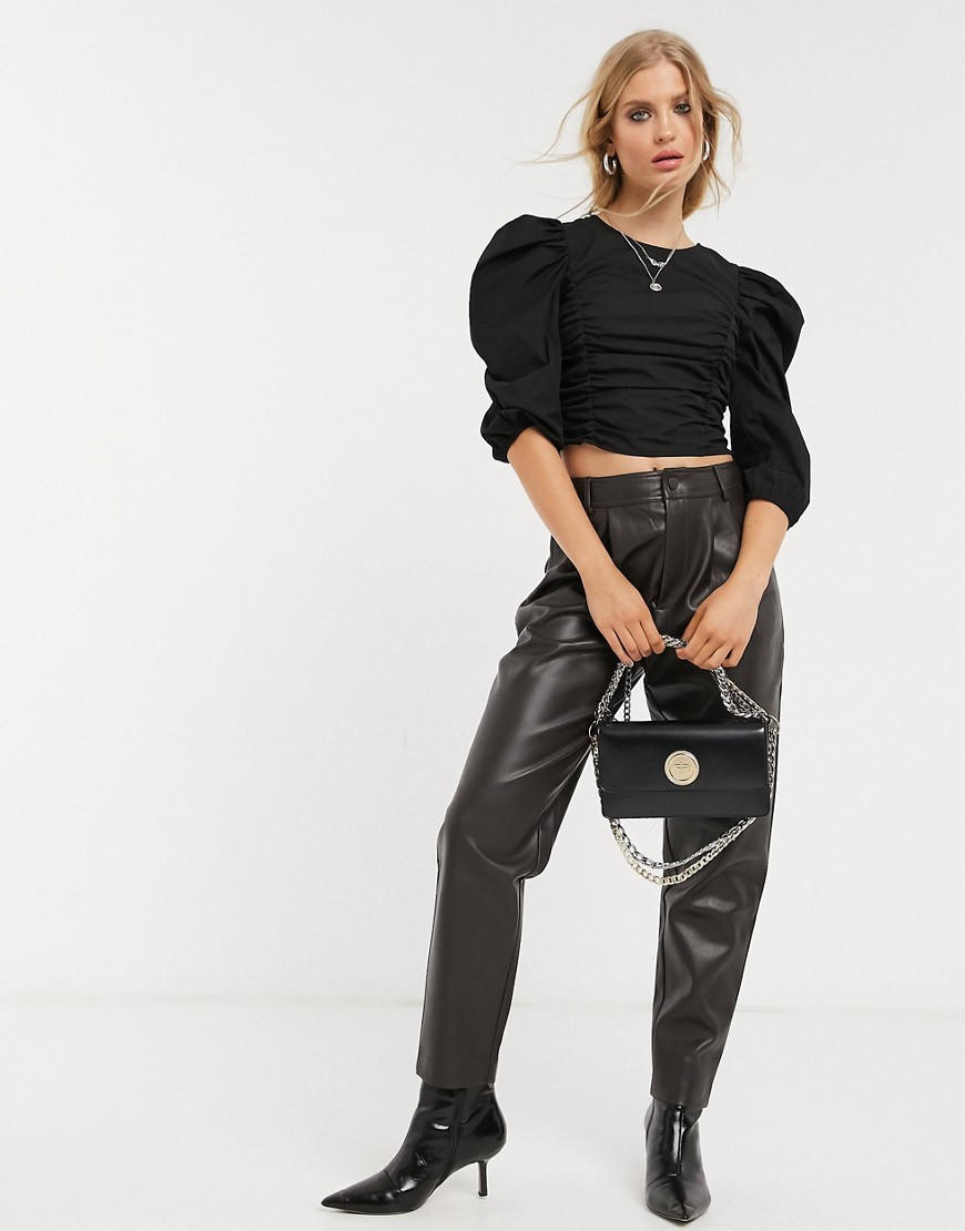 Bershka ruched front poplin cropped top in black