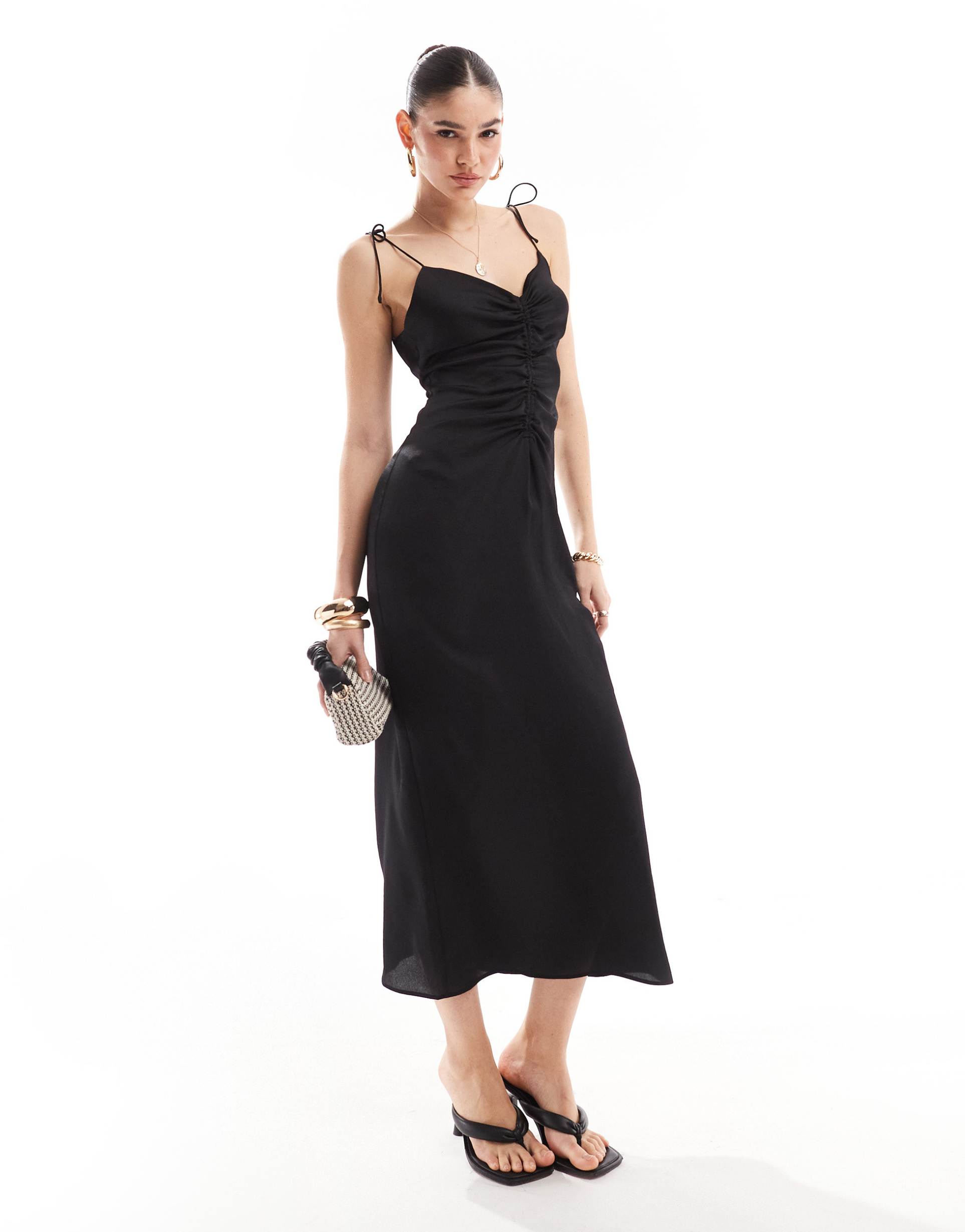 bershka ruched front satin maxi dress in black