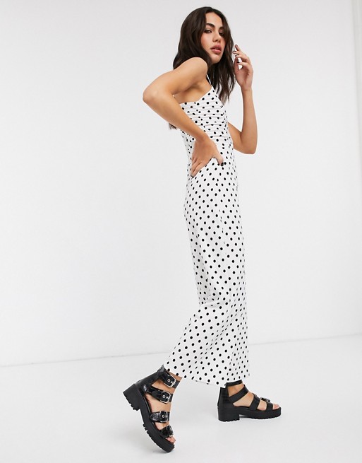 Bershka ruched front strappy jumpsuit in white polka dot