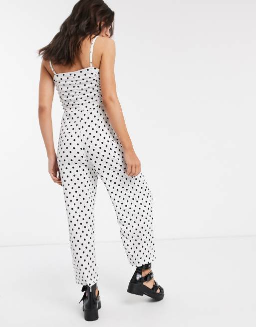 Bershka Ruched Front Strappy Jumpsuit In White Polka Dot Asos