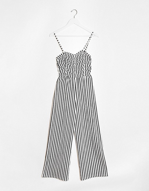 Bershka ruched front striped jumpsuit in multi