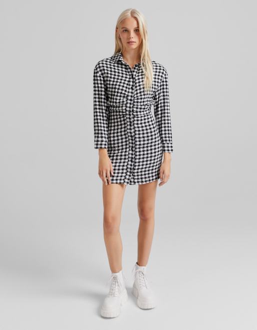 Bershka ruched gingham shirt dress in black