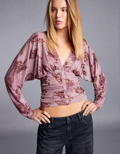 Bershka Ruched long sleeve flocked print top in pink - view 1