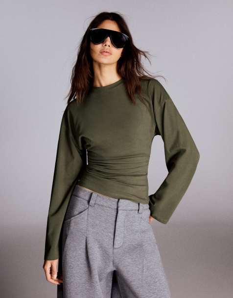 Bershka Ruched long sleeve t-shirt in khaki - view 1