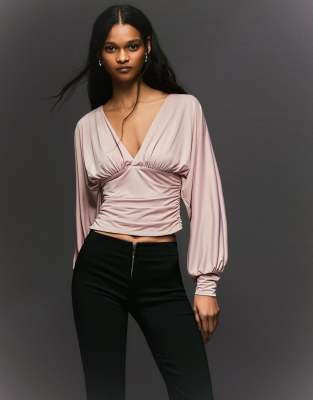 Bershka Ruched long sleeve top in pink