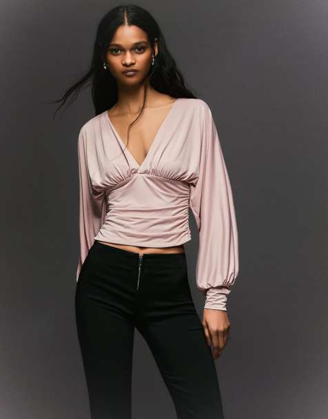 Bershka Ruched long sleeve top in pink - view 1