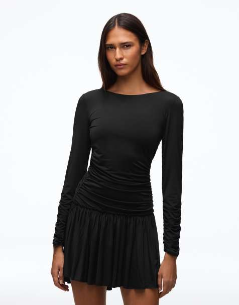 Bershka Ruched open-back mini dress in black - view 1