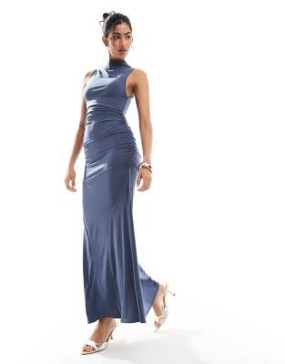 ruched polyamide maxi dress in steel blue-Gray