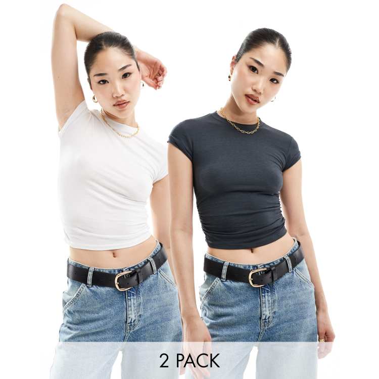 Bershka ruched side 2 pack baby tee in black & ecru | ASOS