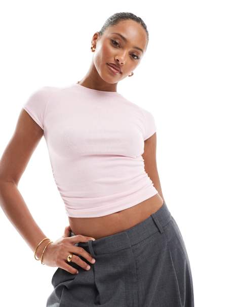 Bershka ruched side baby tee in pale pink - view 1