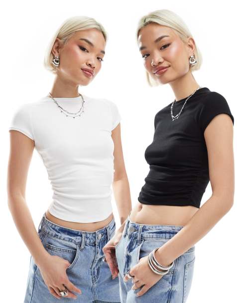 Bershka ruched side baby tee two pack in black and white - view 1