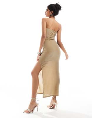 Shop Bershka Ruched Side Bandeau Bodycon Maxi Dress In Gold