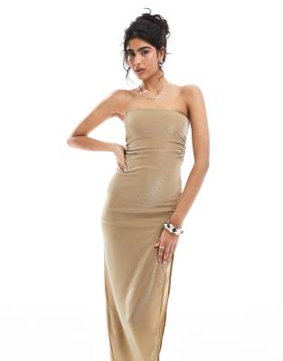 Bershka ruched side bandeau bodycon maxi dress in gold glitter