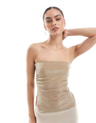 ruched side bandeau top in gold glitter