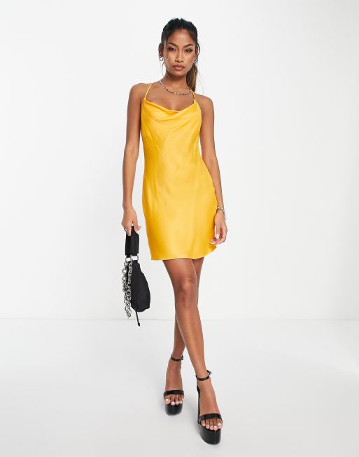 Bershka Ruched Side Cowl Neck Satin Mini Dress In Yellow Asos 