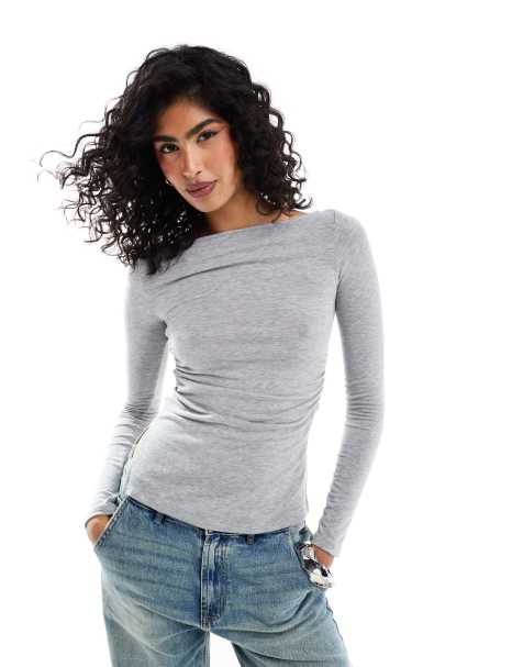 Bershka ruched side long sleeve t-shirt in gray heather - view 1
