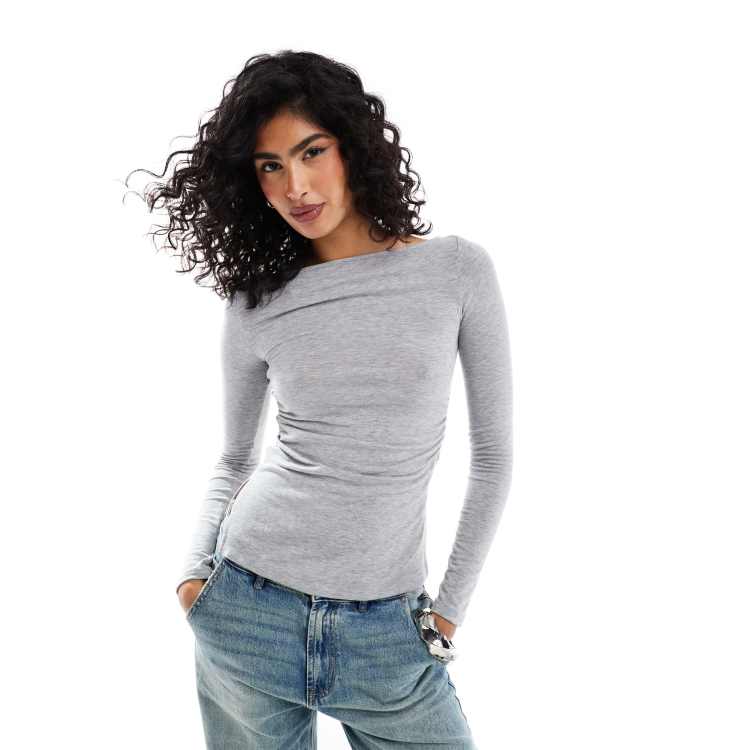 Bershka ダークグレー ニット Bershka bardot zip front cable knit sweater in gray | ASOS
