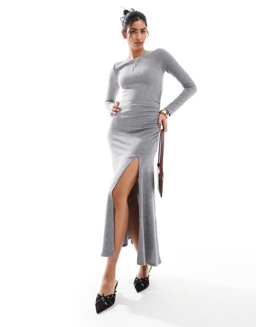 Bershka ruched side maxi dress in grey marl