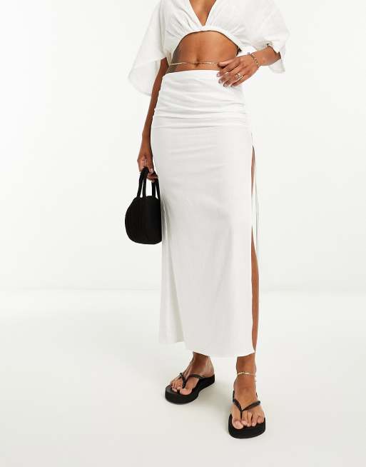 Etha Midi Skirt - High Waisted Split Pencil Skirt in White