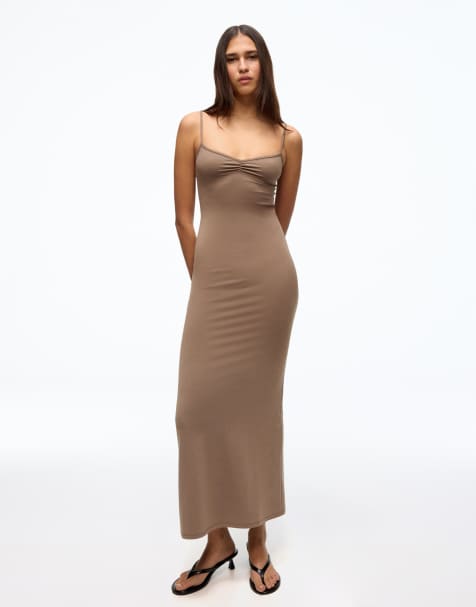 Bershka Ruched strap midi dress in beig - view 1