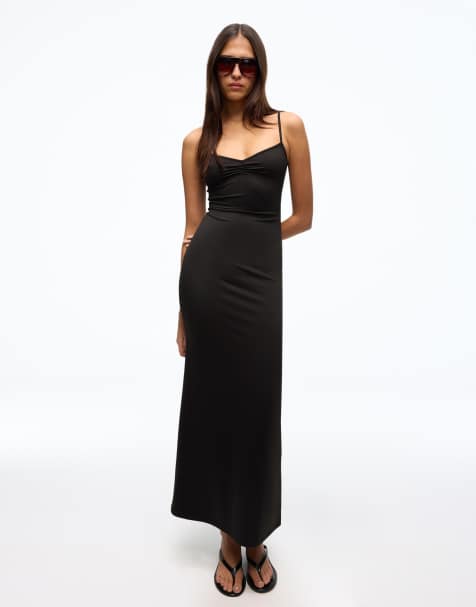 Bershka Ruched strap midi dress in black