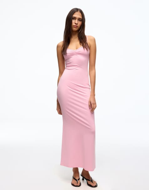 Bershka Ruched strap midi dress in pink - view 1