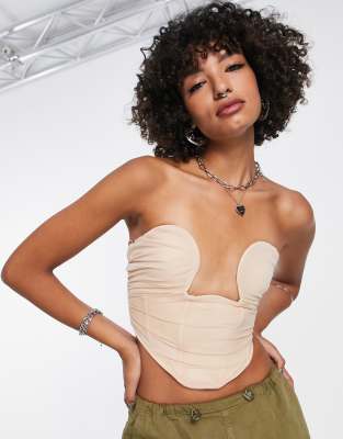 Bershka ruched structured corset top in ecru