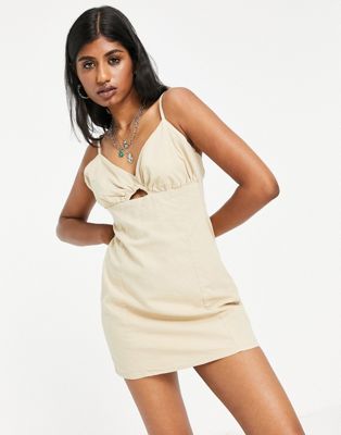 Bershka ruched tie front cami mini dress in sand - ASOS Price Checker