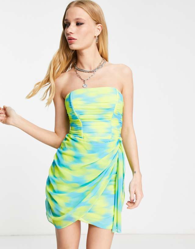 Bershka ruched tie up side bandeau dress in mixed print