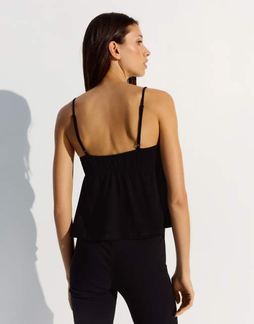 Bershka Ruffle strap top in black, 3 of 5