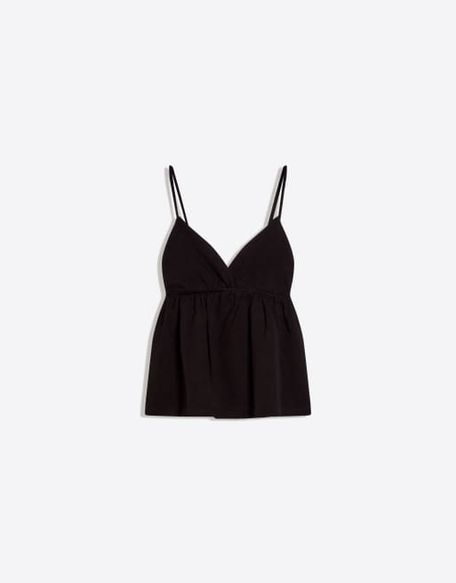 Bershka Ruffle strap top in black, 5 of 5