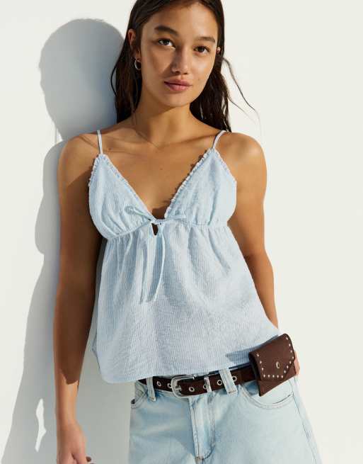 キャミソール DENIM FRILL CAMISOLE TOPS Bershka Ruffle strap top in denim blue | ASOS
