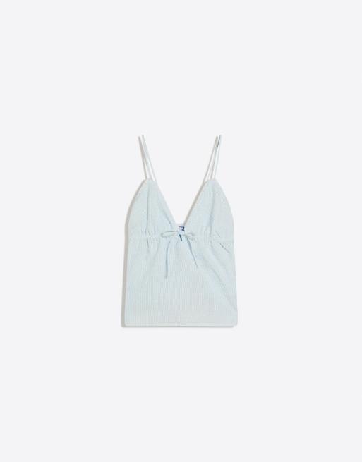 Bershka Ruffle strap top in denim blue, 5 of 5
