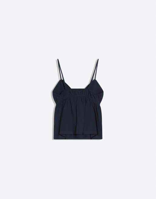 Bershka Ruffle strap top in navy, 6 of 6