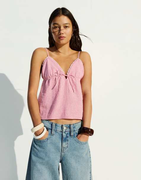 Bershka Ruffle strap top in red - view 1