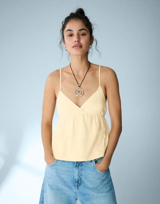 Bershka Ruffle strap top in yellow, 2 of 5